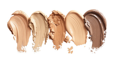 Five swatches of various skin-toned creamy makeup, spread on a black surface