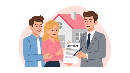 A real estate agent assists a couple in signing a contract for their new home purchase, symbolizing the dream of homeownership.