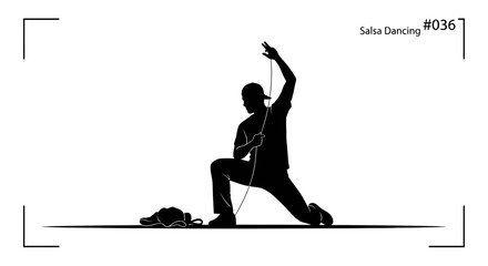 Naklejka premium Dynamic male salsa dancer striking a dramatic pose with a rope, capturing the energy and passion of Latin dance in a minimalist silhouette style, perfect for performance art and cultural promotion.