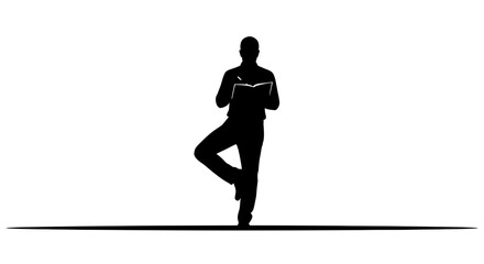 Focused silhouette of a person balancing in tree pose while diligently writing in an open notebook, symbolizing mindful productivity and creative thought