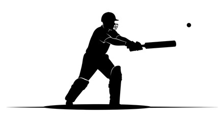 Dynamic silhouette of a cricket batsman powerfully swinging a bat to hit a ball, capturing the intensity and action of the sport with a modern, clean aesthetic perfect for sports branding.