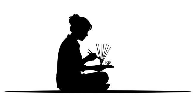 Serene silhouette of a woman meticulously crafting intricate delicate decorative elements, evoking tradition and mindful artistry.