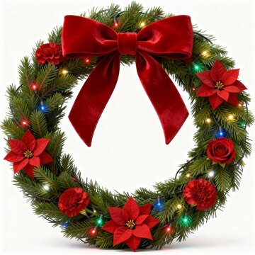 Guirlanda de Natal dourada com la&ccedil;o vermelho de veludo, ramos de pinheiro e luzes coloridas sobre fundo branco puro. Imagem realista e elegante de decora&ccedil;&atilde;o natalina.