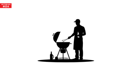 Backyard barbecue silhouette featuring a man grilling with tongs and holding a drink, perfect for summer cookouts, gatherings, and outdoor lifestyle promotions
