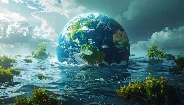A surreal digital image features a flooded landscape with a large Earth sphere rising from the water, under a stormy sky