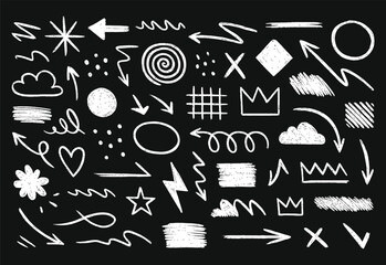 Line shape marker underline, arrow, heart brush element set. Hand drawn sketch marker underline shape, arrow, heart scribble brush pen stroke element. 