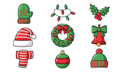 Delightful holiday spirit with festive cartoon elements, spread Christmas cheer with these adorable winter decorations for cards and joyful designs