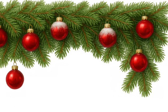 Christmas fir branch border decorated with red baubles, festive garland overlay, transparent background