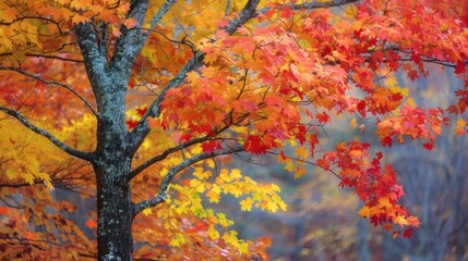 Autumn leaves in shades of red and yellow hang from branches