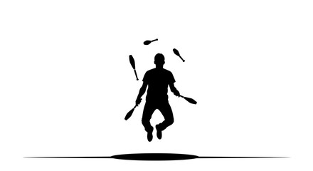 Dynamic performer skillfully juggles multiple pins mid air, showcasing incredible talent and focus, a captivating scene of athleticism and mastery.