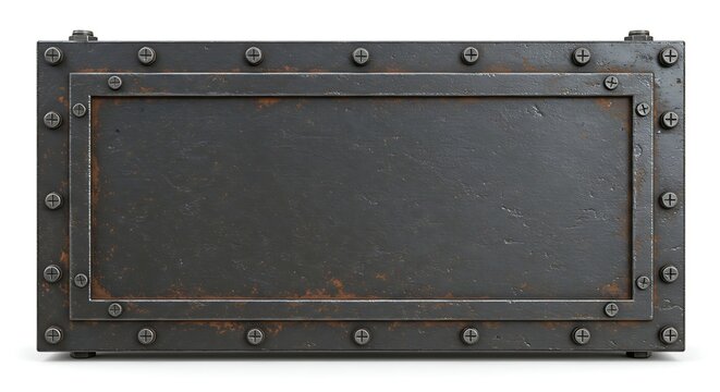 An old, rustic metal sign with a heavy-duty riveted border, presenting a dark grunge steel plate background ready for custom text or design
