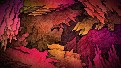 Aggressive Abstract Spiky Layers of Fiery Red, Magent, Brown, and Orange Grunge Texture Background for Dynamic Visuals and Game Design