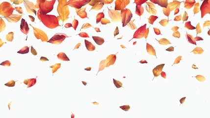 Falling autumn leaves in shades of red, orange, and brown against a white background