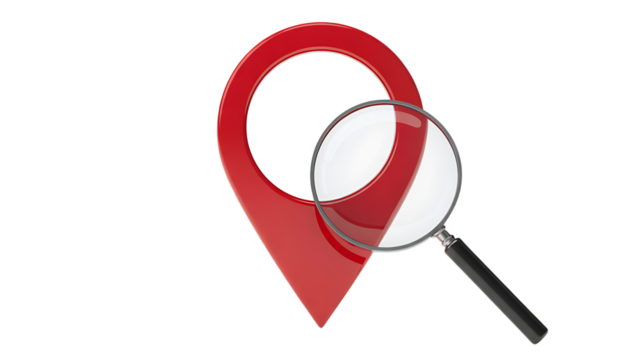 Red location icon magnifying glass finder app