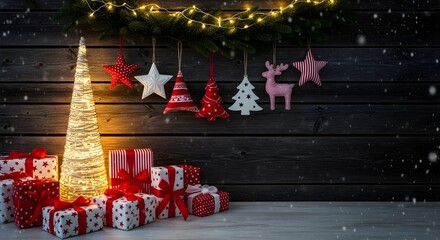 Christmas gifts and decorations with illuminated tree and ornaments