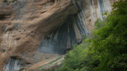 Close up of a textured rock face with green foliage on the right