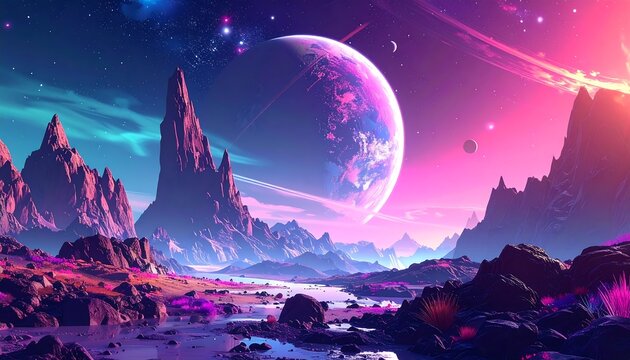 A vibrant, alien landscape with a large, swirling planet in the sky. Rocky terrain and mountains. Vivid pink and purple hues