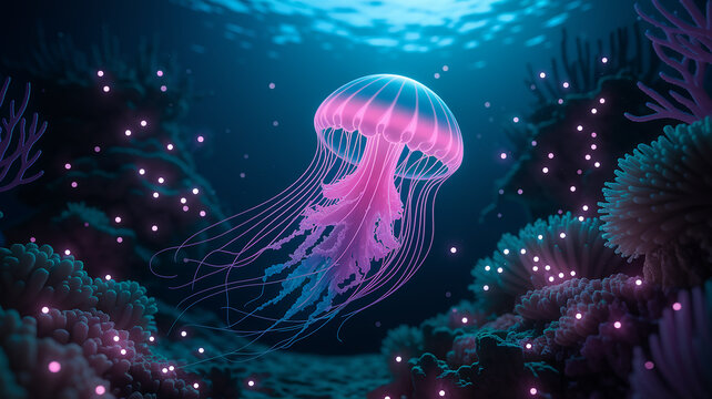 Glowing pink jellyfish drifting ocean depths bioluminescent