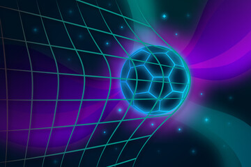 Abstract glowing blue geometric sphere emerging from a distorted grid with vibrant purple and teal nebula background and sparkling lights