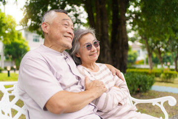 Fototapeta premium Elderly Asian couple enjoying time together on park bench, showing love and care.