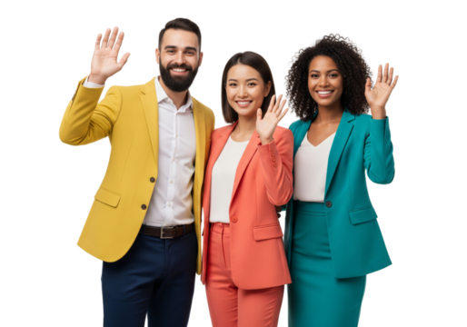 Happy business team waving hands isolated on white or transparent background