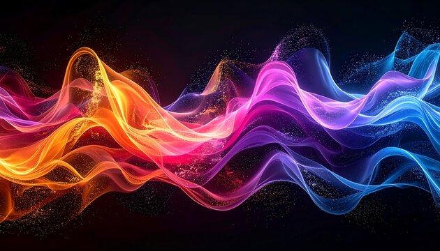 A vibrant digital artwork features flowing, undulating ribbons of color against a dark background, evoking energy and movement