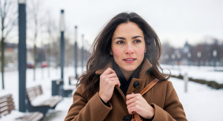 Young woman in winter setting — brown coat, long dark hair, snowy ground, contemplative gaze