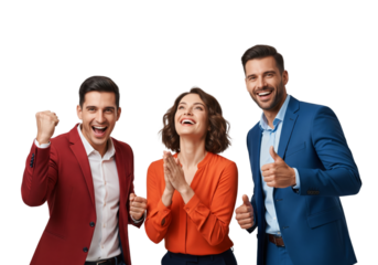 Happy business team cheer together isolated on white or transparent background