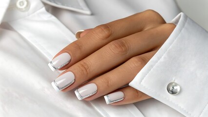 Closeup of a womans hand with a stylish white manicure with silver glitter on the tips, isolated on white background the hand is resting on a white shirt