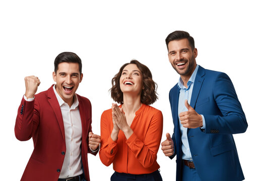 Happy business team cheer together isolated on white or transparent background