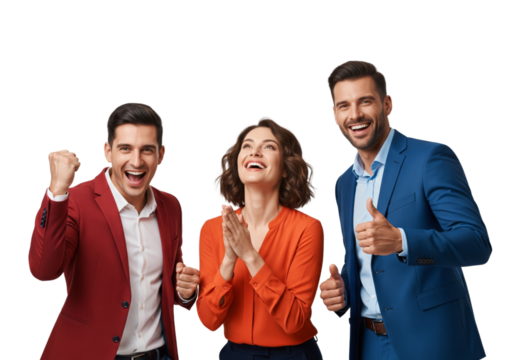 Happy business team cheer together isolated on white or transparent background - Powered by Adobe