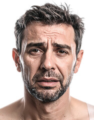 Closeup portrait of a distressed man with a worried expression.