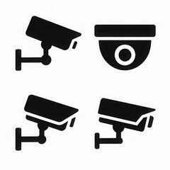 Four black security camera icons in different styles, including dome and bullet shapes, on white background