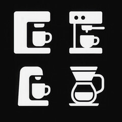 Four white coffee maker icons black background, each representing different brewing methods. icons include drip coffee maker, espresso machine, single serve coffee maker, and pour over coffee