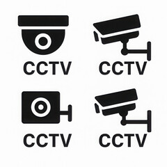 Four black CCTV camera icons on white background, each with text CCTV below. icons vary in design, showcasing different styles of surveillance cameras