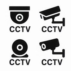 Four black and white CCTV camera icons, each with different design, are displayed on white background. icons represent various styles of surveillance cameras, emphasizing security and monitoring