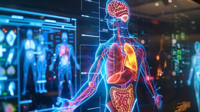 Human body anatomy displayed on a digital screen interface
