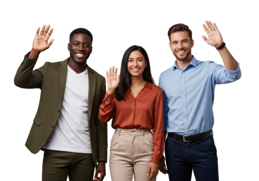Happy business team waving hands isolated on white or transparent background