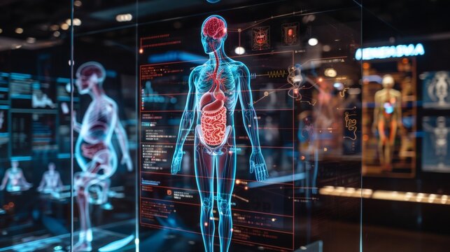 Human anatomy displayed on a futuristic digital screen - Powered by Adobe
