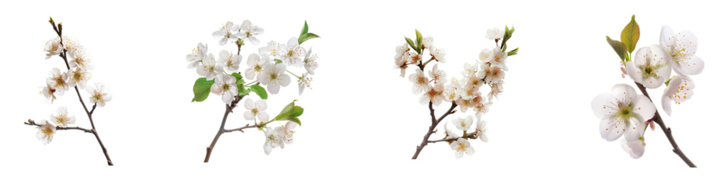 Arrangement of flowering plum blossom branches on a transparent background Generative AI