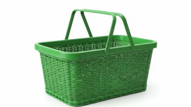 A vibrant green plastic woven basket with sturdy handles