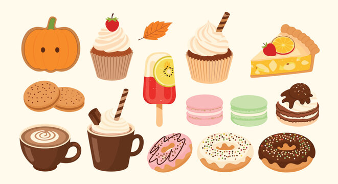 A vibrant and sweet array of autumn and holiday-inspired treats, from pumpkin cookies to hot chocolate and colorful donuts.