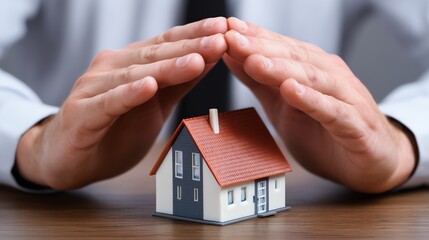 Hands protecting a small model house, symbolizing home insurance and real estate investment. This image captures the concept of safeguarding property and financial security.