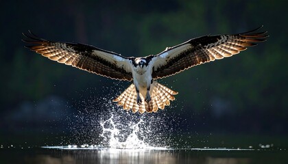 Obraz premium Osprey diving, wings outstretched, skimming water, creating splash against dark green background, bright sunlight