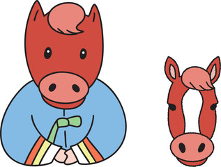 한복을 입은 붉은 말 만화 캐릭터와 얼굴 일러스트