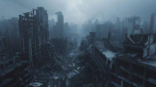 Desolate urban landscape: destroyed buildings and rubble-strewn streets - Powered by Adobe