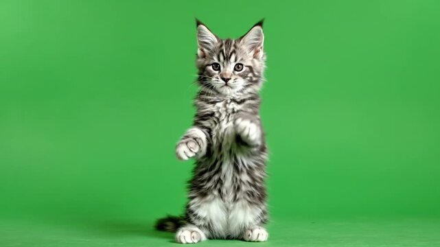 Funny dancing cat on green screen background adorable kitten performing cute meme dance perfect for internet humor animation and creative video editing.