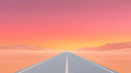 Straight blue road crossing a sandy desert landscape under a gradient pink to orange sky