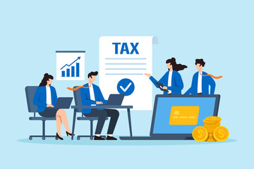 Flat illustration of business team collaborating to manage tax document and submit online payment using laptop tablet chart and coins for financial planning © VZ_Art