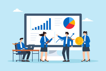 Flat illustration of marketing team analyzing business data dashboard with graph and chart to develop financial strategy and investment solution